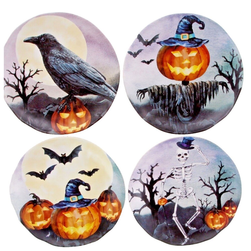 Halloween Appetizer Plates 6.5" Set of 4 Melamine Raven Skeleton Pumpkin Bats